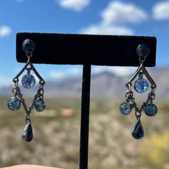 GIVENCHY Shades of Blue Swarovski Crystal Gunmetal Chandelier EARRINGS